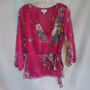 Pink floral print long sleeve v-neck wrap top w/ peplum